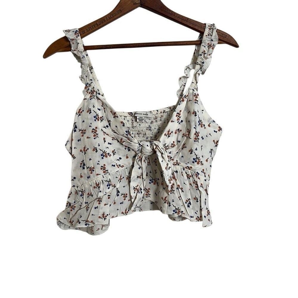 American Eagle Floral Tie Front Sleeveless Cropped Blouse‎ White Blue Size Large